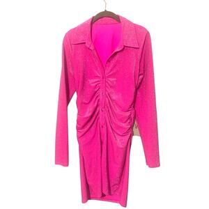 Good American Hot Pink Metallic Sparkle Ruched Stretch Mini Dress  sz 2/Med